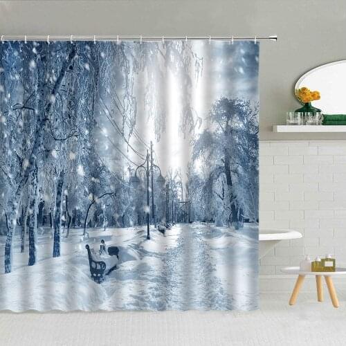 Winter Snow Scene Shower Curtain Forest Houses Swans Landscape Bathroom Supplies Fabric With Hooks Bath Screen Home Decor Set