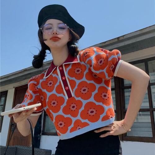 Y2K Flower Knitted Crop Tops Women Summer 2021 New Fashion Puff Sleeve Polo Collar Vintage T Shirt Korean Cute Tops Woman