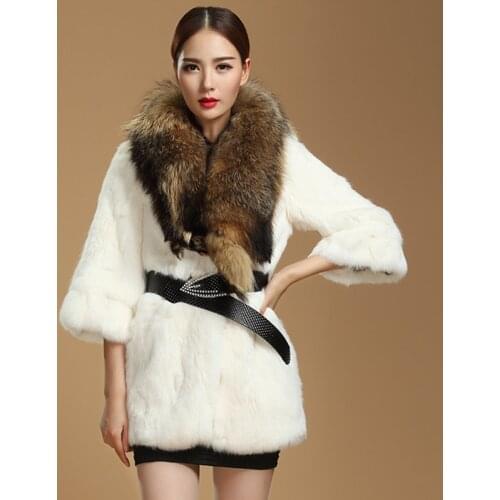 Real/genuine full pelt rabbit fur coat with big raccoon fur collar women fashion whole skin fur jacket