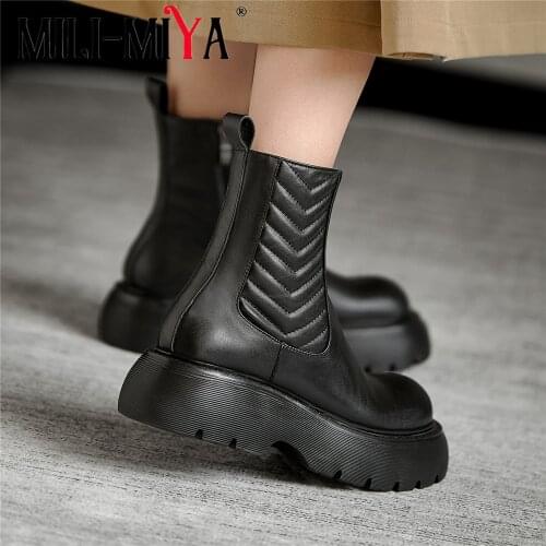 MILI-MIYA British Style Natural Leather Round Toe Platform Thick Bottom Ankle Boots Street Zipper Fashion Young Lady Wild Shoes