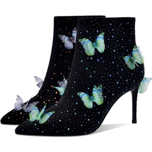 Women Rhinestones Crystal 3D Butterfly Decor Ankle Boots Match Colors Stilettos High Heel Suede Leather Shoes New 2022