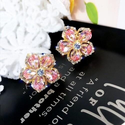 LATS Light Luxury Crystal Peach Blossom Sweet Stud Earrings for Women Delicate Flower Earrings 2020 Fashion Jewelry Accessories