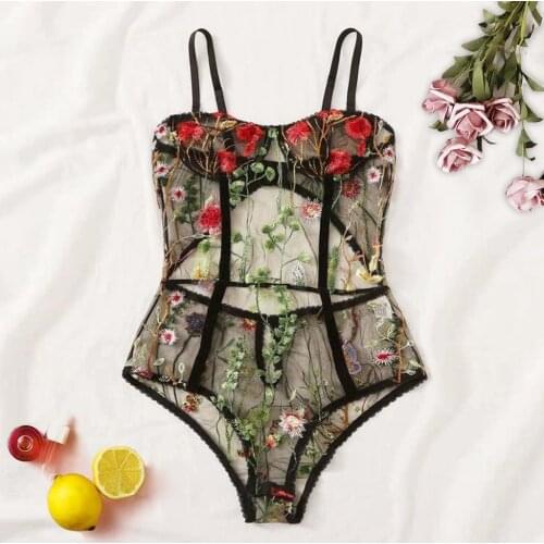 Women Lace Lingerie Bodysuit Floral Embroidered Backless Jumpsuit Sexy Sleepwear Transparent Sleepwear Summer #T1P