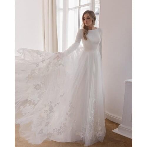 Vestidos De Novia Long Sleeve Wedding Dress Simple Suknia Slubna Illusion Back Gelinlik Appliques Tulle Robe De Mariee