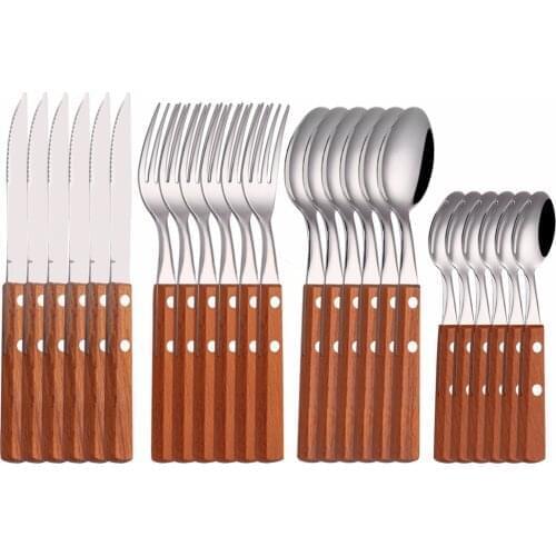 24Pcs Wooden Dinnreware Sets Protable Cutlery Stainless Steel Kitchen Forks Knives Spoons Coffee Spoon Flatware Set Tableware