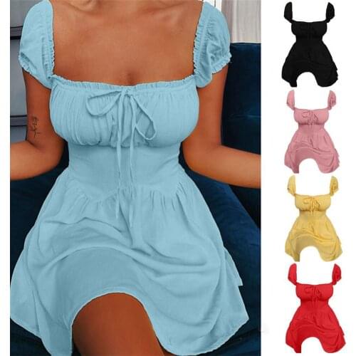 80% HOT SALES!! Summer Dress Solid Color Square Neck Women Gathered Bust Fitted Skirt for Daily Wear
