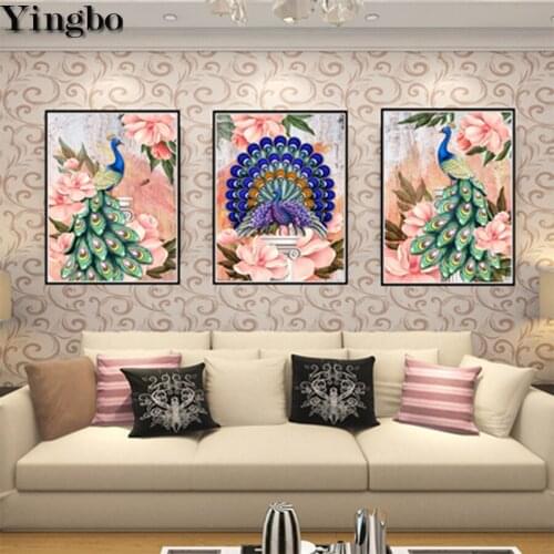 3pcs set diamond painting full novelty peafowl flower 5d cross stitch mosaic beadwork embroidery 100% circle drill diamond round