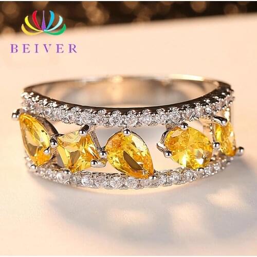 Beiver Fashion Yellow Cubic Zirconia Wedding Rings for Women Water Drop White Gold Color Wedding Jewelry 2019 New Arrivals