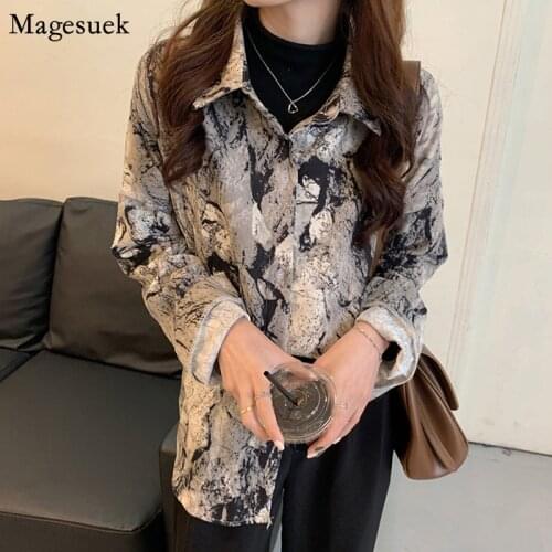 New Spring Long Sleeve Shirt Blouse Women Lapel Button Plus Size Loose Shirt Tops Female Ink Print Vintage Casual Blouses 12939