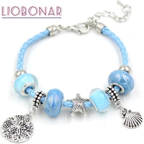 New Arrival Light Blue Braid Leather Rope Ceramic Bead Shell Sand Dollar Charm Bracelets for Women Gift Jewelry Bijoux Pulsera