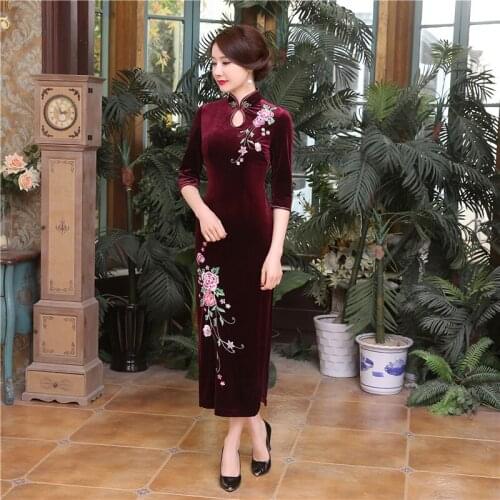 Shanghai Story long velvet dresses evening embroidered dress purple qipaomodern cheongsam cheongsam long dress robe chinoise