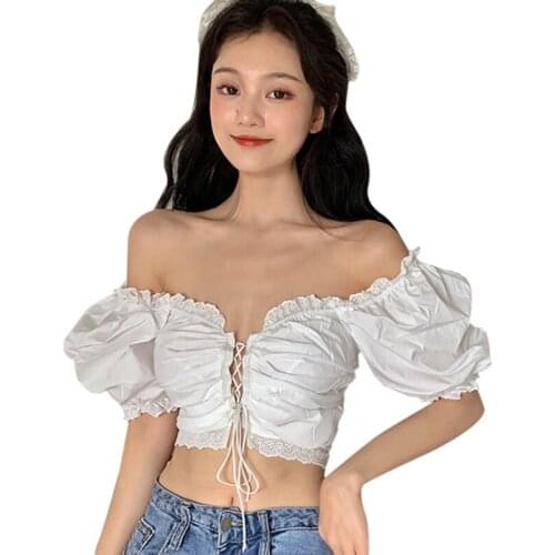 Womens Floral Print Slash Neck Blouses Hollow Out Sexy Sweet Exposed Navel Short Sleeve Shirt
