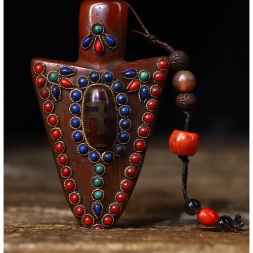 Home Decor 4"Tibet temple Old Natural agate Filigree mosaic Gem Dzi Bead Dharma faqi Pendant Amulet Town House Exorcism