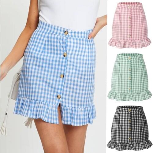 Cotton Plaid Ruffle Skirt High Waist Single-breasted Button Small Fresh Mini Skirt Female 2021 Summer New Womens Skirts