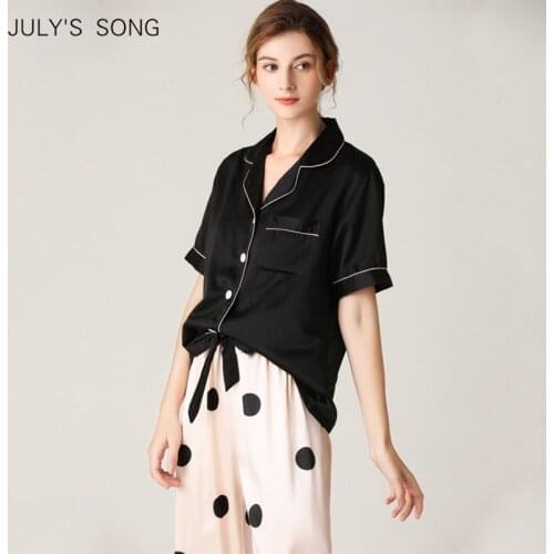 JULYS SONG Soft Faux Silk Pajamas For Women Short Sleeve Sleepwear Lapel Collar Homewear Dot Striped Female Pyjamas Nightwear