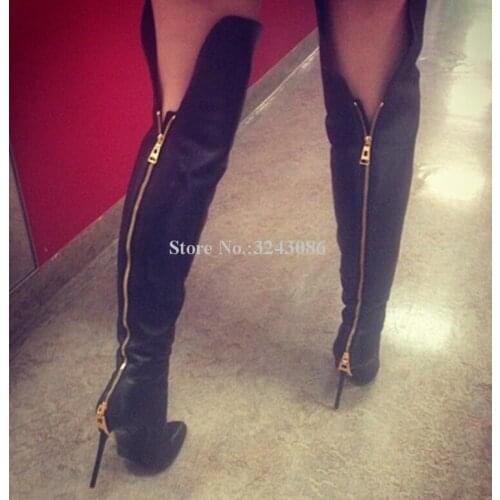 Classical Black Leather Back Zipper Woman Long Boots Pointed Toe Stiletto Heel Over the Knee Boots Lady Large Size Winter Shoes