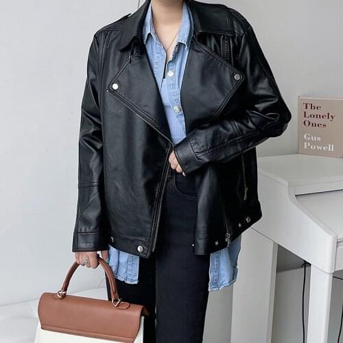 Spring Autumn 2021 Black Soft Faux Leather Jacket Loose Casual Lapel Long-sleeve Motorcycle Biker Jacket Abrigo Mujer Streetwear