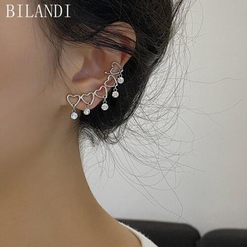 Bilandi Fashion Jewelry Heart Clip Earrings 2021 New Design High Quality Shiny Crystal Metal Ear Cuff Earring Women Girl Gifts