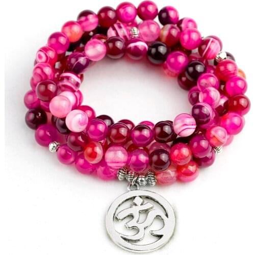 Natural Rose Stripe Onyx Tibetan Plated Buddha Lotus Life Tree Bracelet Women Mala Men Jewelry Stone Prayer Bead Bracelet