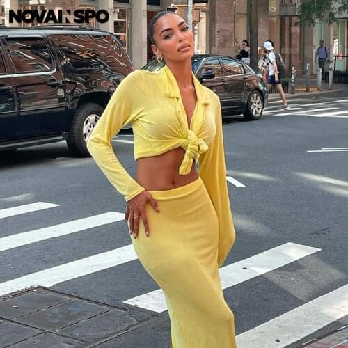 NOVAINSPO Solid Long Sleeve Notched Neck Cropped Tops And Skirts Sets High Waist Skinny Fashion Casual Elegant Streetwear Set