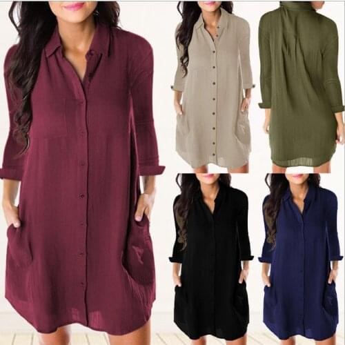 Solid color pocket loose casual long sleeve shirt dress Women Loose Solid Dresses Turn Down Casual Ladies Office Shirt Dresses