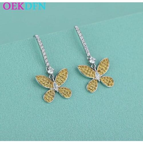 OEKDFN 925 Sterling Silver Drop Earrings Butterfly Citrine Created Moissanite Gemstone Wedding Enagement Dangle Fine Jewelry