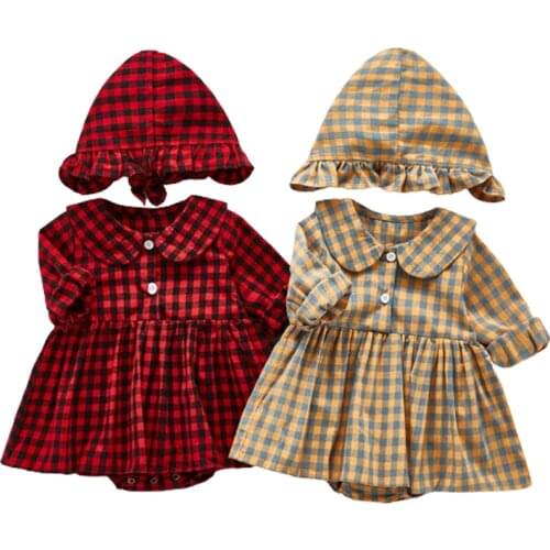 2020 Autumn Newborn Baby Clothes Grid Dress Twins Baby Bodysuit Toddler Girls Hat Pure Cotton Infant Girl Birthday Party Clothes