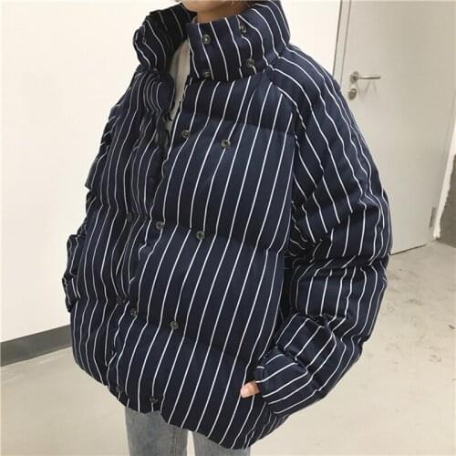 Cotton Coat Jackets Female Super Thick Coats Womens Winter Thick Stand Collar Striped Big Size Loose Double Breasted Short
