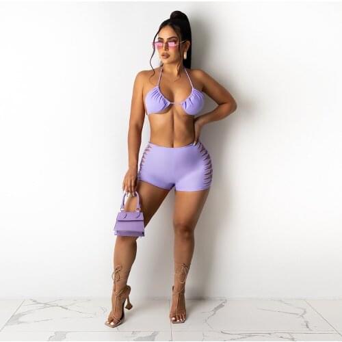 Sexy Hollow Out 2 Two Piece Bikini Sets Summer Outfits for Women Halter Backless Crop Tops and Beachwear Shorts Summer Swimsuit