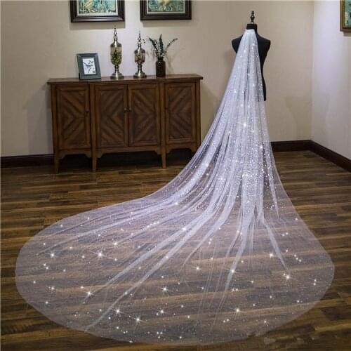4 Meters Cathedral Veil For Wedding Dress Sparkling Satrs Bridal Gown White Ivory Soft Tulle White Ivory Tulle One Layer