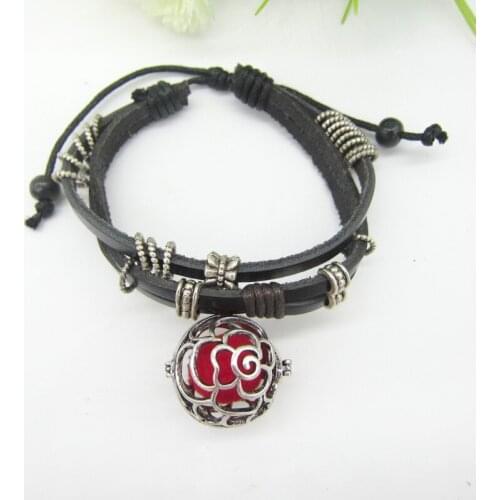 Simple Vintage Style Black Leather with Rose Flower Locket Charm DIY Lava Felt Balls Women`s Oil Diffuser Bracelet