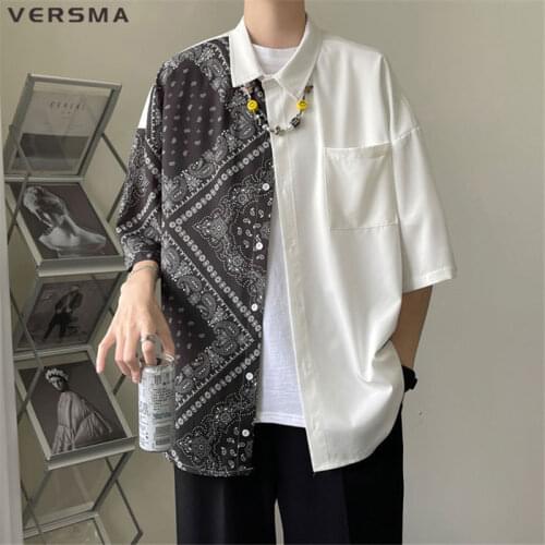 VERSMA Korean Casual Chic Short Sleeve Vintage Shirt Men Summer Stitch Oversized Streetwear Unisex Shirts Male 5XL Dropshipping