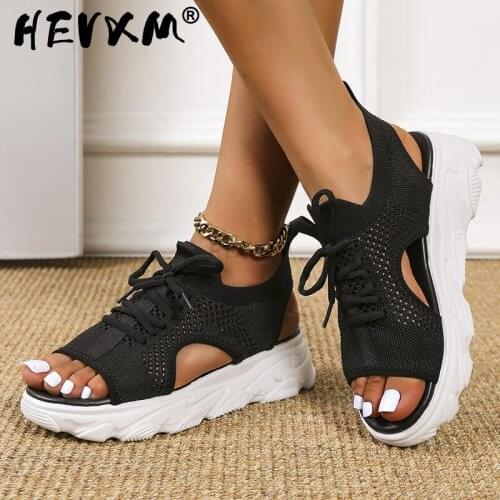 2022 New Fashion Womens Shoes Mesh Platform Sandals Summer Comfortable Womens Sandals Open Toe Solid Color Lace-up Beach Shoes