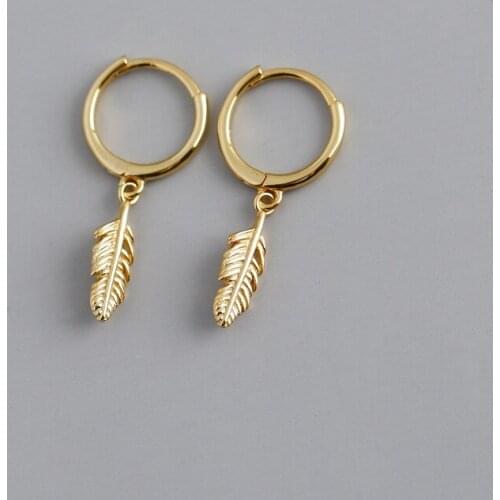 Real 925 Sterling Silver Feather Round Hoop Huggies Earrings For Fashion Women Cute Fine Jewelry Minimalist Accessories