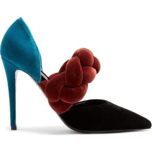Carpaton Pointed Toe Mixed Colors High Heel Shoes Woman Velvet Braided Thin Heels Pumps Summer Cutouts Party Dress Shoes