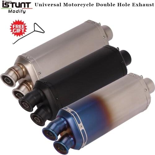 51mm Universal Motorcycle Double hole exhaust escape moto Exhaust Motocross Exhaust Muffler For Z750 CB400 ER6N GY6 Scooter ATV