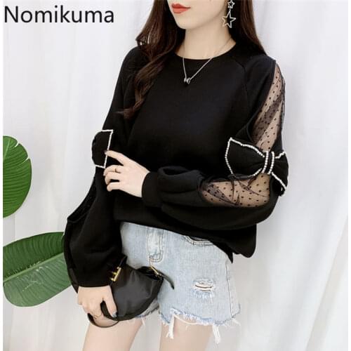 Nomikuma 2021 Spring Autumn Diamonds Bowknot Sweatshirt Dot Mesh Patchwork Long Sleeve Pullover Tops Women Pullover Jumper 6C996
