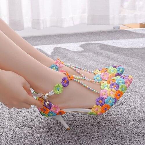 Women sandals wedding Party banquet Lace PU Rhinestones Buckle Strap 7.5CM Thin High Heels Pointed Toe Flower women shoes