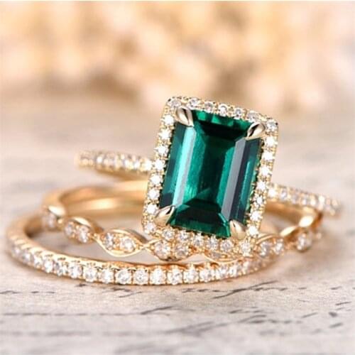 Fashion Classic Green Zircon Ladies Ring Set Glamour Jewelry Engagement Wedding Ring 4 / Piece Set for Girls Party