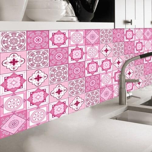 12pcs/set PVC Hard Film Pattern Wall Stickers Romantic Pink Home Decoration Kitchen and Bathroom DIY Self-adhesive Tile Sticker