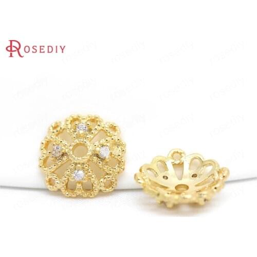 34382)6PCS Diameter 8MM 24K Gold Color Brass with Zircon Flower Beads Caps High Quality Diy Jewelry Findings Accessories