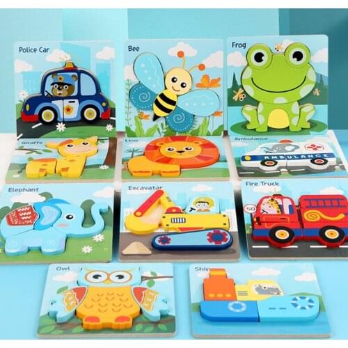 Childrens wooden puzzles three-dimensional puzzle early education cartoon animals buckle puzzle wooden toys
