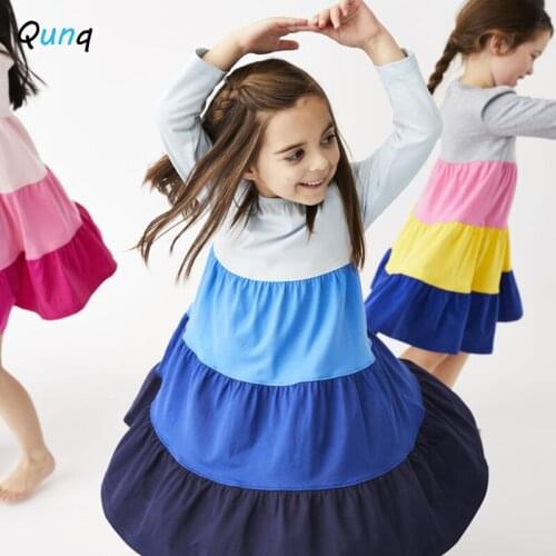 Qunq Girls Dress Rainbow Striped Long Sleeve Kids Dresses for Girl Long Sleeve Spring Fall Children Clothing Toddler Outfits