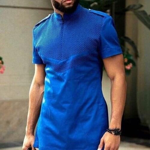 Mens T-shirt 2021 Summer Short Sleeve Dashiki Patchwork Top Mid-length Fashion Mens Shirt African T shirt Blue Plus Size 4xl