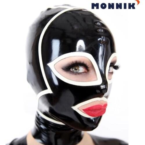 MONNIK latexLatex mask Latex Mask Rubber Hood with Back Zipper for Catsuit Party Wear Costume Black and White Stripes