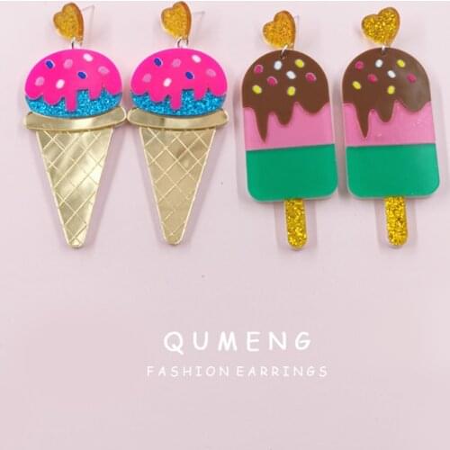 QUMENG 2020 New Fashion Cute Design Acrylic Colorful Ice Cream Popsicle Long Drop Earrings Lovely Girl Party Accessories