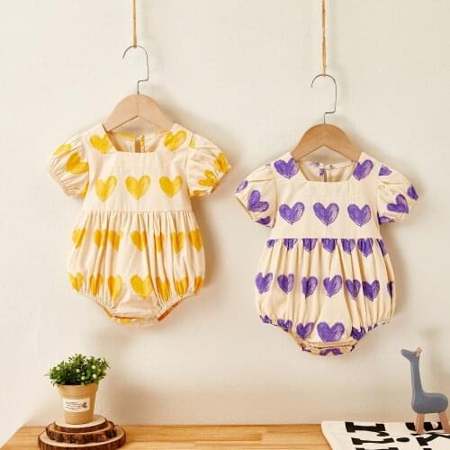 Summer New Infant Bodysuit Newborn Baby Short Sleeve Heart-shaped Cotton Clothes Toddler Girls Square Collar Jumpsuit Outfits