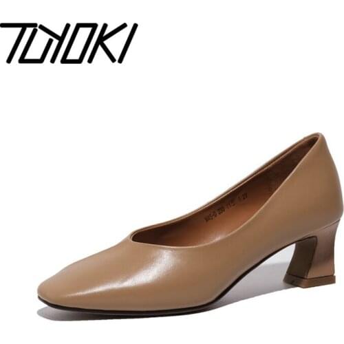Tuyoki Women High Heel Shoes Real Leather Thick Heel Fashion Shoes Women Elegant Party Office Ladies Shoes Size 33-40