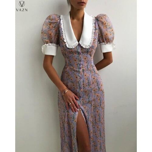 VAZN 2021 Top Quality Vintage Floral Print Elegant Puff Sleeve Chiffon Long Dress Retro Holiday Nature Women Maxi Dress