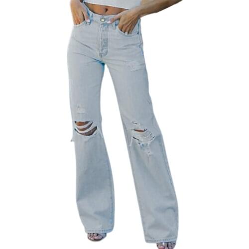 Women Summer Ripped Wide Leg Jeans High Waisted Solid Color Straight Leg Denim Pants with Pockets